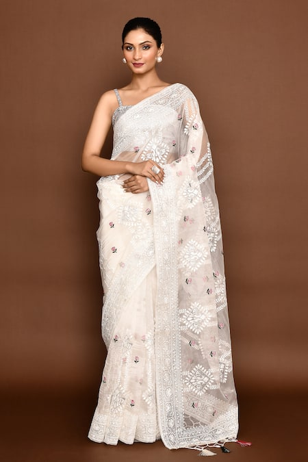 Naintara Bajaj_White Organza, Silk Peacock Thread Saree With Unstitched Blouse Piece _at_Aza_Fashions