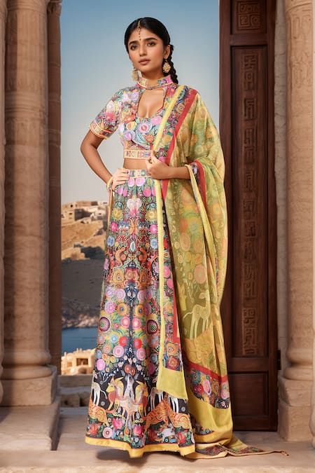 Samyukta Singhania Multi Color Lehenga Raw Silk Digital Printed Jungle Keyhole Bison Set 