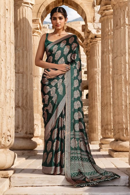 Samyukta Singhania Green Saree Chiffon Printed Tassel Detailed Pallu With Running Blouse Piece 