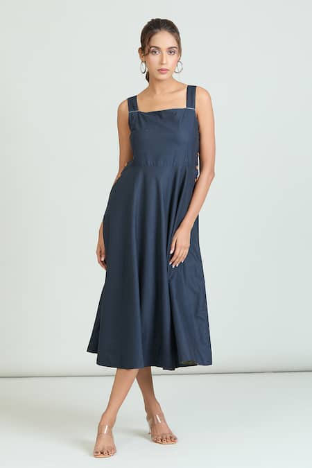 Buy Naintara Bajaj Blue Linen Square Neck Side Wooden Button Dress Buy_Naintara Bajaj_Blue Linen Square Neck Side Wooden Button Dress
