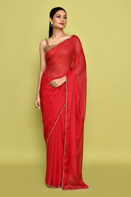 Naintara Bajaj_Red Organza, Satin Pearls Scallop Embroidered Saree With Unstitched Blouse Piece _at_Aza_Fashions