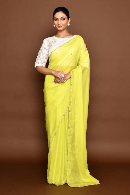 Buy_Naintara Bajaj_Yellow Organza, Satin Pearls, Embroidery Round Neck Floral Saree With Blouse 