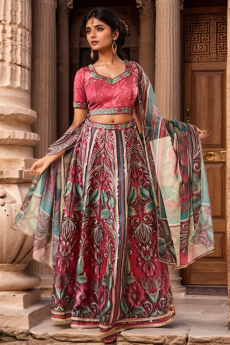 Samyukta Singhania Multi Color Lehenga Raw Silk Digital Printed Tropical Leaf Glass Neck Set 