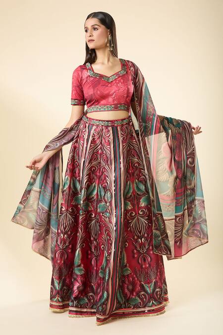 Shop_Samyukta Singhania_Multi Color Lycra, Silk, Georgette Embroidery Tropical Print Lehenga Set