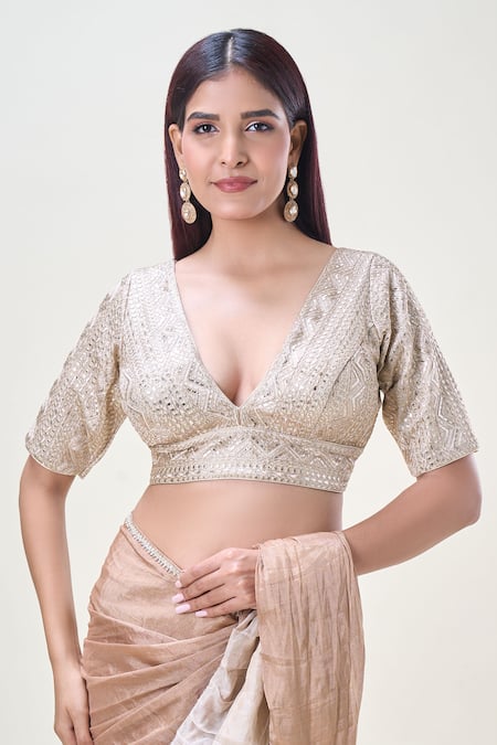 Buy Samyukta Singhania Beige Silk Gota Patti, Zari Plunge Neck Embellished Saree Blouse Buy_Samyukta Singhania_Beige Silk Gota Patti, Zari Plunge Neck Embellished Saree Blouse