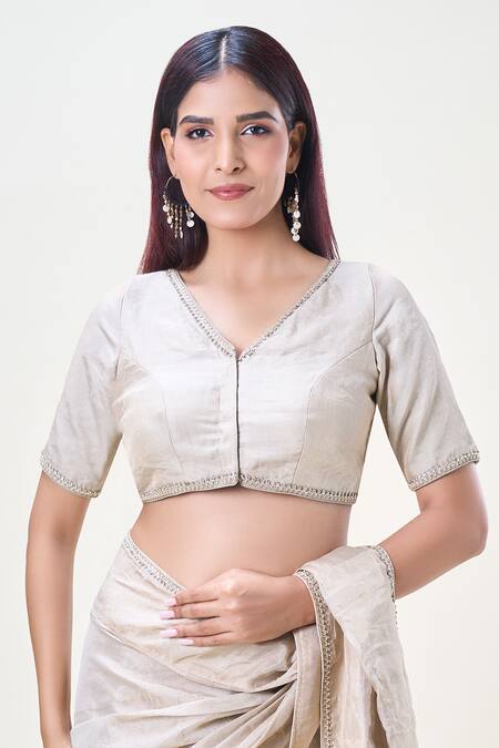 Samyukta Singhania_Beige Tissue Sequins, Lace V-neck Border Embellished Saree Blouse_at_Aza_Fashions