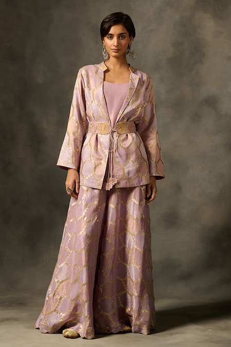 Saundh Purple Viscose Tissue Jacquard Woven Hexagon Mandarin Bahar Jacket Sharara Set 