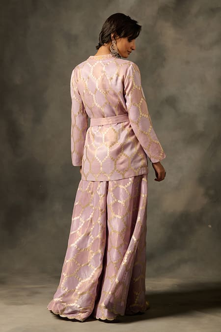 Shop Saundh Purple Viscose Beads, Zari Mandarin Bahar Hexagon Woven Jacket Sharara Set at Aza Fashions Shop_Saundh_Purple Viscose Beads, Zari Mandarin Bahar Hexagon Woven Jacket Sharara Set _at_Aza_Fashions