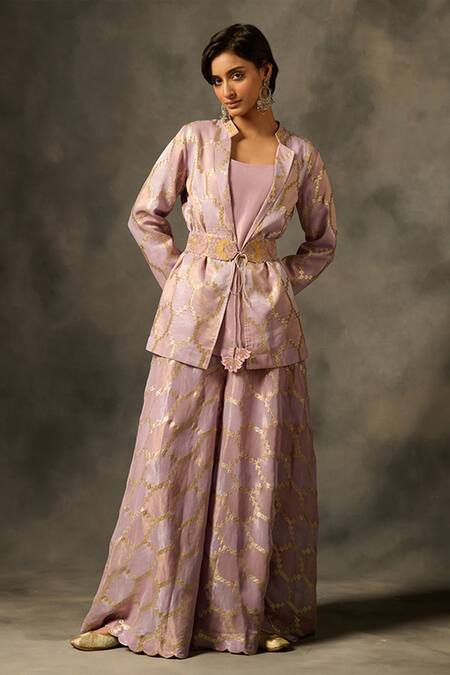 Saundh Purple Viscose Beads, Zari Mandarin Bahar Hexagon Woven Jacket Sharara Set Online at Aza Fashions Saundh_Purple Viscose Beads, Zari Mandarin Bahar Hexagon Woven Jacket Sharara Set _Online_at_Aza_Fashions
