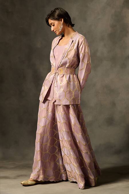 Buy Saundh Purple Viscose Beads, Zari Mandarin Bahar Hexagon Woven Jacket Sharara Set Online at Aza Fashions Buy_Saundh_Purple Viscose Beads, Zari Mandarin Bahar Hexagon Woven Jacket Sharara Set _Online_at_Aza_Fashions