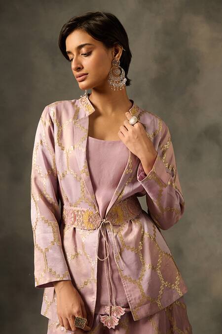 Shop Saundh Purple Viscose Beads, Zari Mandarin Bahar Hexagon Woven Jacket Sharara Set Online at Aza Fashions Shop_Saundh_Purple Viscose Beads, Zari Mandarin Bahar Hexagon Woven Jacket Sharara Set _Online_at_Aza_Fashions