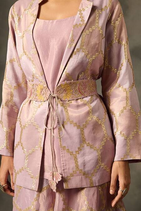 Saundh Purple Viscose Beads, Zari Mandarin Bahar Hexagon Woven Jacket Sharara Set at Aza Fashions Saundh_Purple Viscose Beads, Zari Mandarin Bahar Hexagon Woven Jacket Sharara Set _at_Aza_Fashions