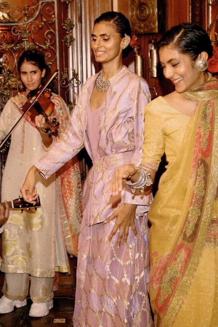 Shop Saundh Purple Viscose Beads, Zari Mandarin Bahar Hexagon Woven Jacket Sharara Set Shop_Saundh_Purple Viscose Beads, Zari Mandarin Bahar Hexagon Woven Jacket Sharara Set