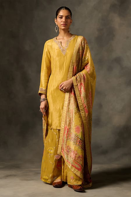 Saundh Yellow Viscose Tissue Jacquard Embroidery Zari Thread Nyima Neckline Kurta Set 