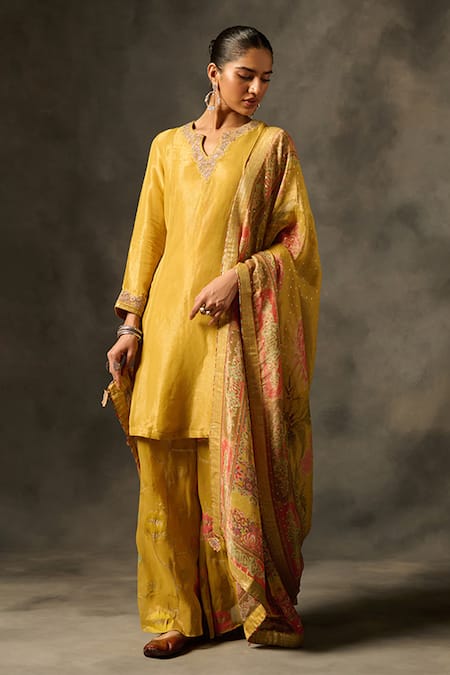 Saundh Yellow Viscose, Jacquard Embroidery Split V-neck Nyima Neckline Kurta Set Online at Aza Fashions Saundh_Yellow Viscose, Jacquard Embroidery Split V-neck Nyima Neckline Kurta Set _Online_at_Aza_Fashions