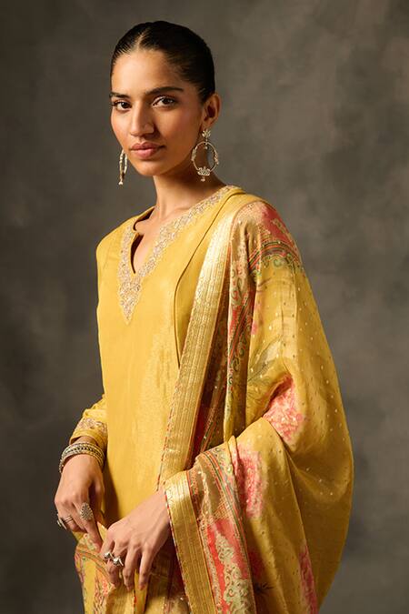 Buy Saundh Yellow Viscose, Jacquard Embroidery Split V-neck Nyima Neckline Kurta Set Online at Aza Fashions Buy_Saundh_Yellow Viscose, Jacquard Embroidery Split V-neck Nyima Neckline Kurta Set _Online_at_Aza_Fashions