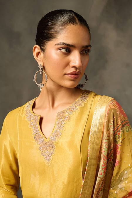 Shop Saundh Yellow Viscose, Jacquard Embroidery Split V-neck Nyima Neckline Kurta Set Online at Aza Fashions Shop_Saundh_Yellow Viscose, Jacquard Embroidery Split V-neck Nyima Neckline Kurta Set _Online_at_Aza_Fashions