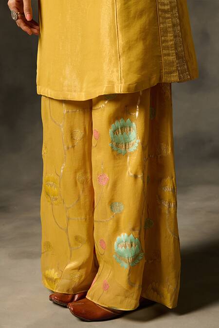 Saundh Yellow Viscose, Jacquard Embroidery Split V-neck Nyima Neckline Kurta Set at Aza Fashions Saundh_Yellow Viscose, Jacquard Embroidery Split V-neck Nyima Neckline Kurta Set _at_Aza_Fashions