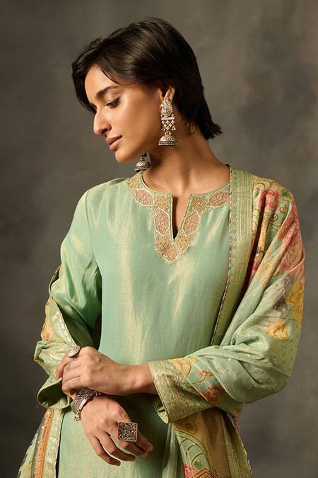 Shop_Saundh_Green Viscose Embroidery Split V-neck Tashi Cord Neckline Kurta Set_Online_at_Aza_Fashions