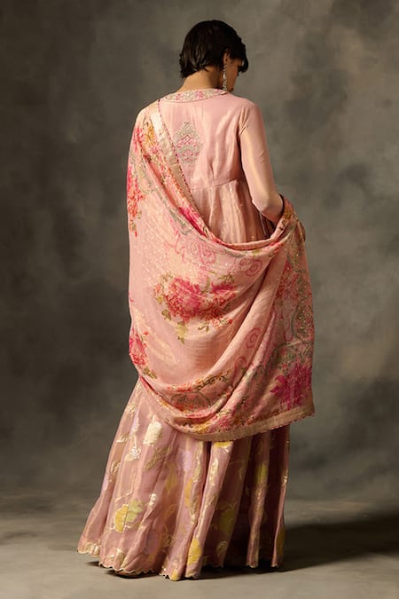 Shop Saundh Pink Viscose Embroidery Split V-neck Irja Placket Peplum Kurta Flared Pant Set at Aza Fashions Shop_Saundh_Pink Viscose Embroidery Split V-neck Irja Placket Peplum Kurta Flared Pant Set _at_Aza_Fashions