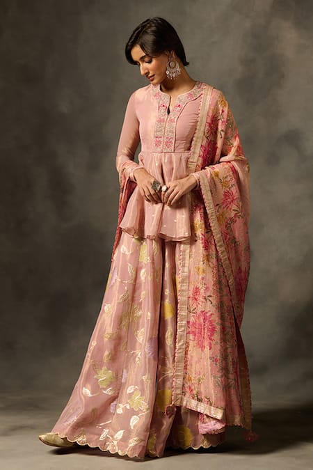 Saundh Pink Viscose Embroidery Split V-neck Irja Placket Peplum Kurta Flared Pant Set Online at Aza Fashions Saundh_Pink Viscose Embroidery Split V-neck Irja Placket Peplum Kurta Flared Pant Set _Online_at_Aza_Fashions
