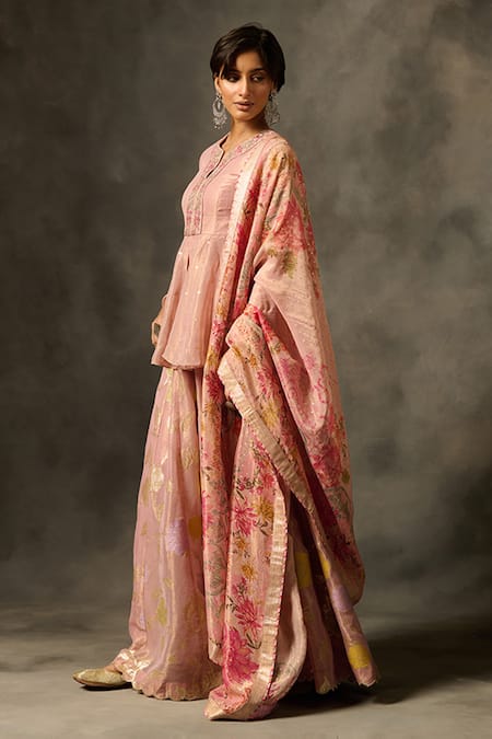 Buy Saundh Pink Viscose Embroidery Split V-neck Irja Placket Peplum Kurta Flared Pant Set Online at Aza Fashions Buy_Saundh_Pink Viscose Embroidery Split V-neck Irja Placket Peplum Kurta Flared Pant Set _Online_at_Aza_Fashions