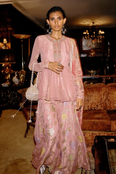 Buy Saundh Pink Viscose Embroidery Split V-neck Irja Placket Peplum Kurta Flared Pant Set Buy_Saundh_Pink Viscose Embroidery Split V-neck Irja Placket Peplum Kurta Flared Pant Set