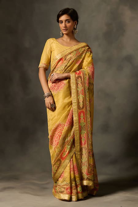 Saundh Yellow Viscose Tissue Jacquard Printed Soma Saree With Unstitched Blouse Piece 