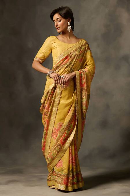Saundh_Yellow Viscose Tissue Jacquard Printed Soma Saree With Unstitched Blouse Piece_Online_at_Aza_Fashions