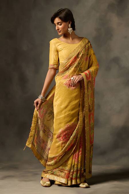 Buy_Saundh_Yellow Viscose Tissue Jacquard Printed Soma Saree With Unstitched Blouse Piece_Online_at_Aza_Fashions
