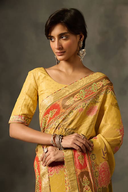 Shop_Saundh_Yellow Viscose Tissue Jacquard Printed Soma Saree With Unstitched Blouse Piece_Online_at_Aza_Fashions