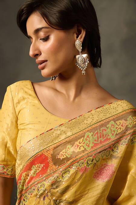 Saundh_Yellow Viscose Tissue Jacquard Printed Soma Saree With Unstitched Blouse Piece_at_Aza_Fashions