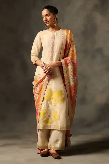 Saundh_Ivory Viscose Embroidery Round Neck Kora Flower Placement Woven Kurta Set_Online_at_Aza_Fashions