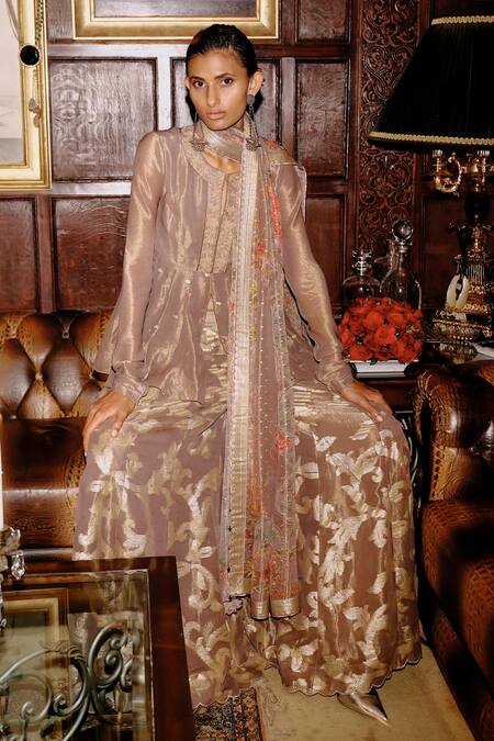 Buy_Saundh_Grey Viscose, Tissue, Jacquard Embroidery, Placket Peplum Kurta Flared Pant Set _Online_at_Aza_Fashions