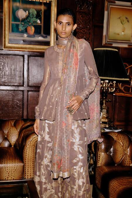 Shop_Saundh_Grey Viscose, Tissue, Jacquard Embroidery, Placket Peplum Kurta Flared Pant Set _Online_at_Aza_Fashions