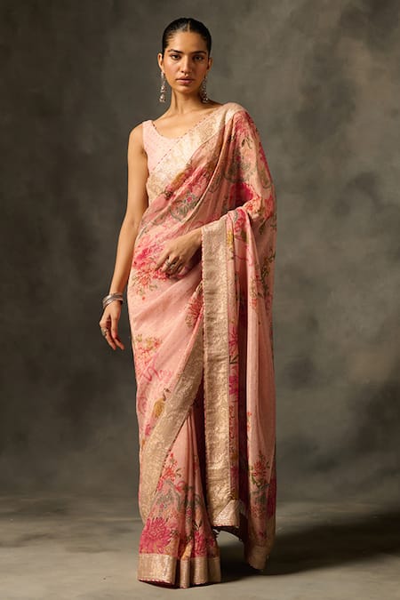 Saundh Pink Viscose Tissue Jacquard Printed Soma Saree With Unstitched Blouse Piece 