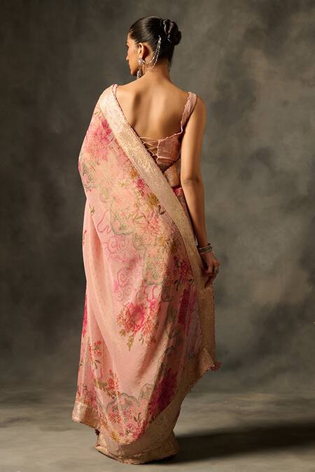 Shop Saundh Pink Viscose Tissue Jacquard Printed Soma Saree With Unstitched Blouse Piece at Aza Fashions Shop_Saundh_Pink Viscose Tissue Jacquard Printed Soma Saree With Unstitched Blouse Piece_at_Aza_Fashions