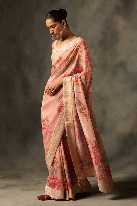 Saundh Pink Viscose Tissue Jacquard Printed Soma Saree With Unstitched Blouse Piece Online at Aza Fashions Saundh_Pink Viscose Tissue Jacquard Printed Soma Saree With Unstitched Blouse Piece_Online_at_Aza_Fashions