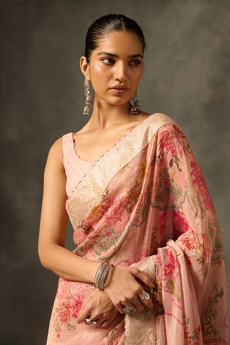 Buy Saundh Pink Viscose Tissue Jacquard Printed Soma Saree With Unstitched Blouse Piece Online at Aza Fashions Buy_Saundh_Pink Viscose Tissue Jacquard Printed Soma Saree With Unstitched Blouse Piece_Online_at_Aza_Fashions