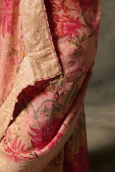 Saundh Pink Viscose Tissue Jacquard Printed Soma Saree With Unstitched Blouse Piece at Aza Fashions Saundh_Pink Viscose Tissue Jacquard Printed Soma Saree With Unstitched Blouse Piece_at_Aza_Fashions