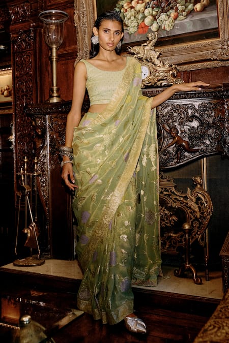 Saundh Green Viscose Tissue Jacquard Woven Palki Saree With Unstitched Blouse Piece 