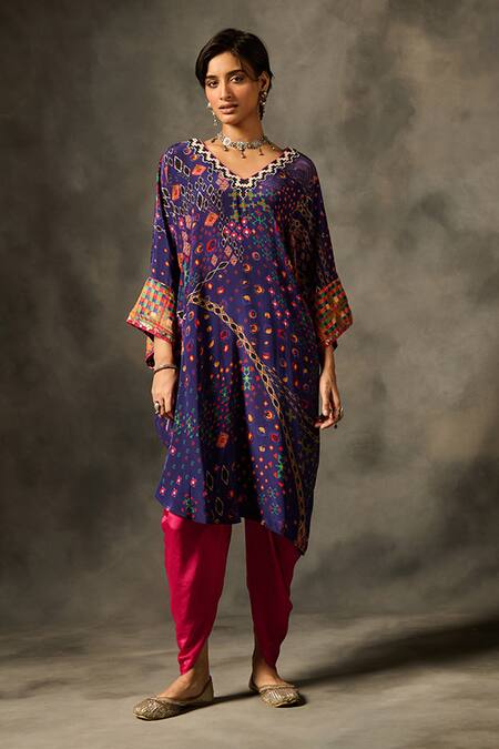 Saundh Purple Crepe, Viscose V-neck Rumi Printed Kaftan Kurta And Dhoti Pant Set Online at Aza Fashions Saundh_Purple Crepe, Viscose V-neck Rumi Printed Kaftan Kurta And Dhoti Pant Set _Online_at_Aza_Fashions