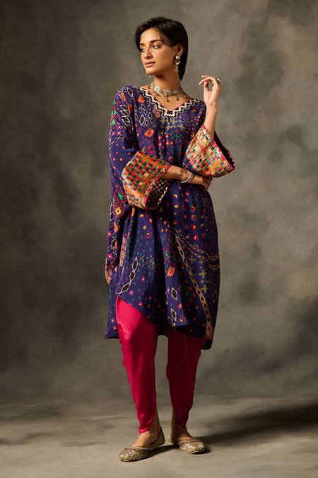Saundh Purple Crepe, Viscose V-neck Rumi Printed Kaftan Kurta And Dhoti Pant Set at Aza Fashions Saundh_Purple Crepe, Viscose V-neck Rumi Printed Kaftan Kurta And Dhoti Pant Set _at_Aza_Fashions
