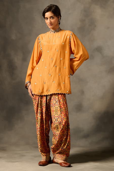 Saundh Orange Viscose Shimmer Embroidery Zari Butti Round Shai Kurta And Salwar Set 