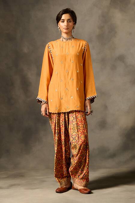 Saundh_Orange Viscose Embroidery, Zari, Lace Round Neck Shai Butti Kurta And Salwar Set _Online_at_Aza_Fashions