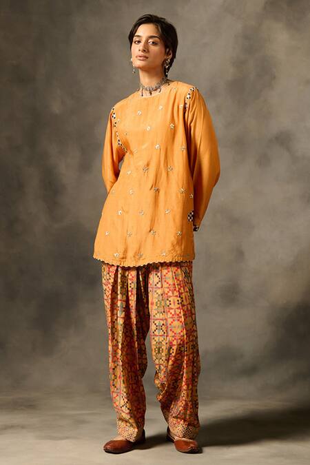 Shop_Saundh_Orange Viscose Embroidery, Zari, Lace Round Neck Shai Butti Kurta And Salwar Set _Online_at_Aza_Fashions