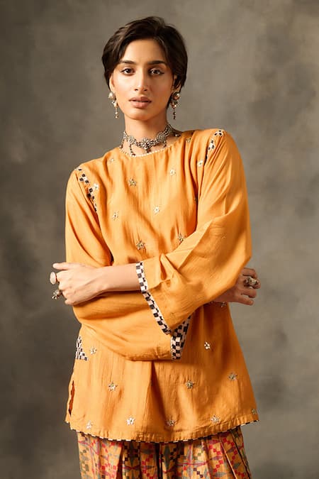 Saundh_Orange Viscose Embroidery, Zari, Lace Round Neck Shai Butti Kurta And Salwar Set _at_Aza_Fashions