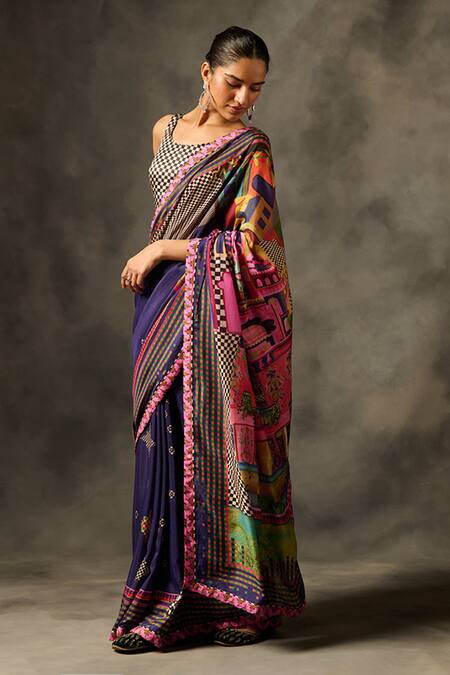 Saundh_Purple Muslin, Silk, Indra Abstract Print Saree With Unstitched Blouse Piece_Online_at_Aza_Fashions
