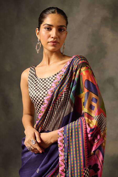 Buy_Saundh_Purple Muslin, Silk, Indra Abstract Print Saree With Unstitched Blouse Piece_Online_at_Aza_Fashions