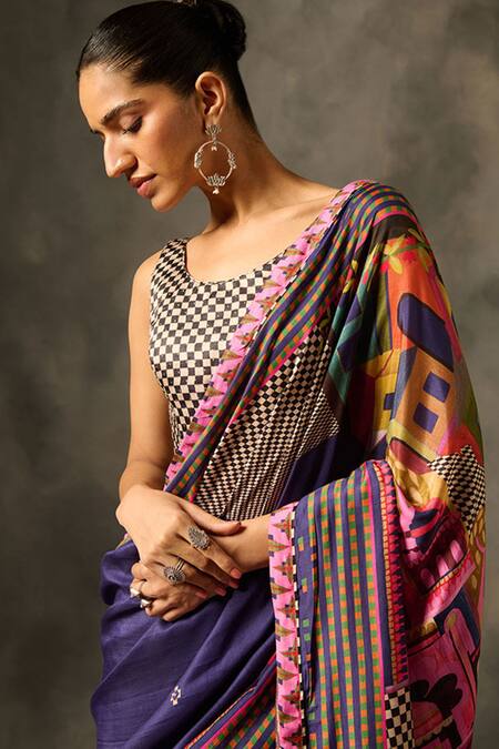 Shop_Saundh_Purple Muslin, Silk, Indra Abstract Print Saree With Unstitched Blouse Piece_Online_at_Aza_Fashions